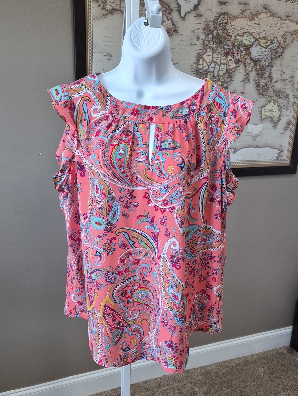 New York & Co. Coral Pink Paisley Ruffle Sleeve Top with Tie Closure Size XL